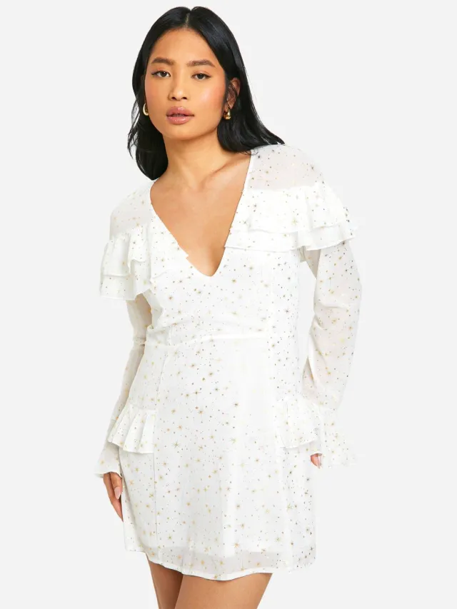 boohoo Dames Petite Ster Gerafelde Detail Diepe V-hals Mini Jurk wit, foto 3