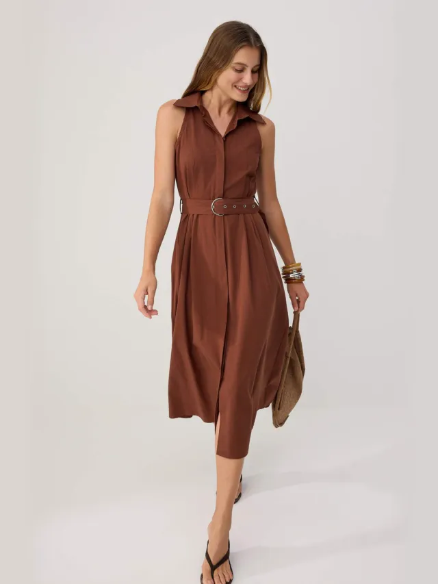 Trendyol TRENDYOLMİLLA Dames Bruin Effen Midi Mouwloos Casual Blousejurk Jurken