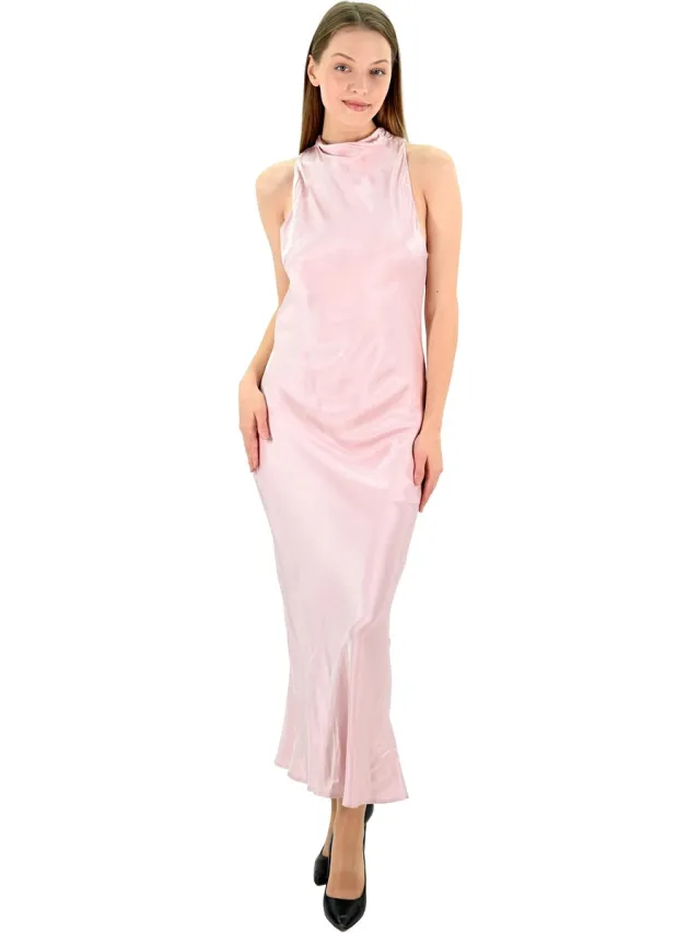 YESMOOI Siena - Satijnlook Midi Jurk met Hoge Hals - Roze - L (40)