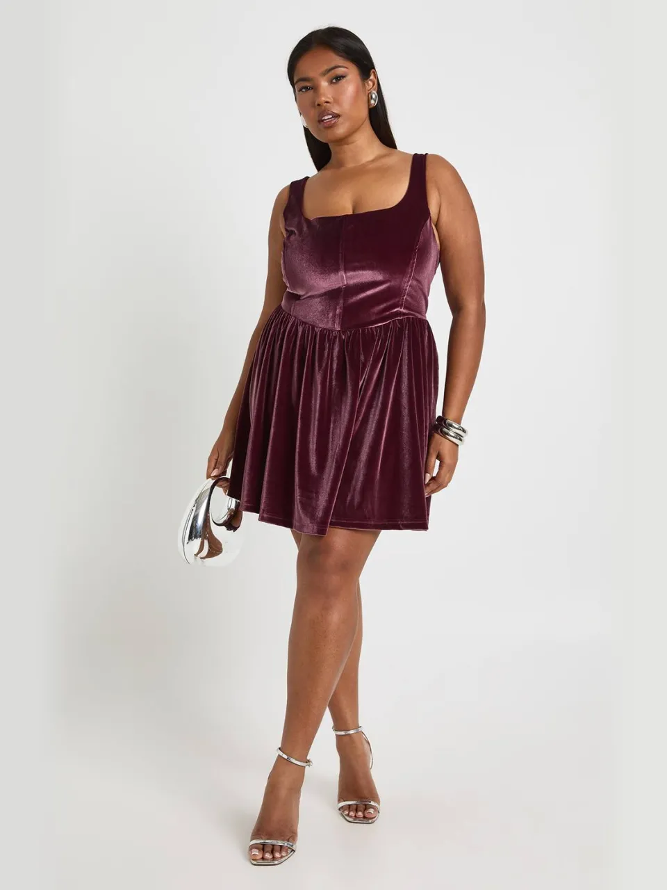 boohoo Dames Plus fluwelen jurk met vierkante hals en corsetdetail mauve, foto 3