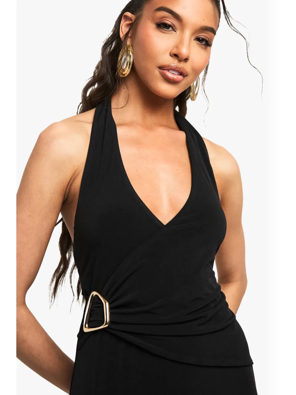 boohoo Dames Halternek met trimdetail wikkelminijurk zwart, foto 4
