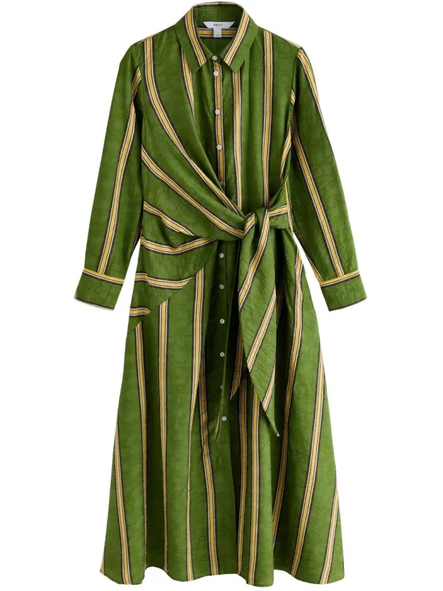 Next Dames - Midi-overhemdjurk met gestrikte taille en lange mouwen - Tall - Groen Green Stripe