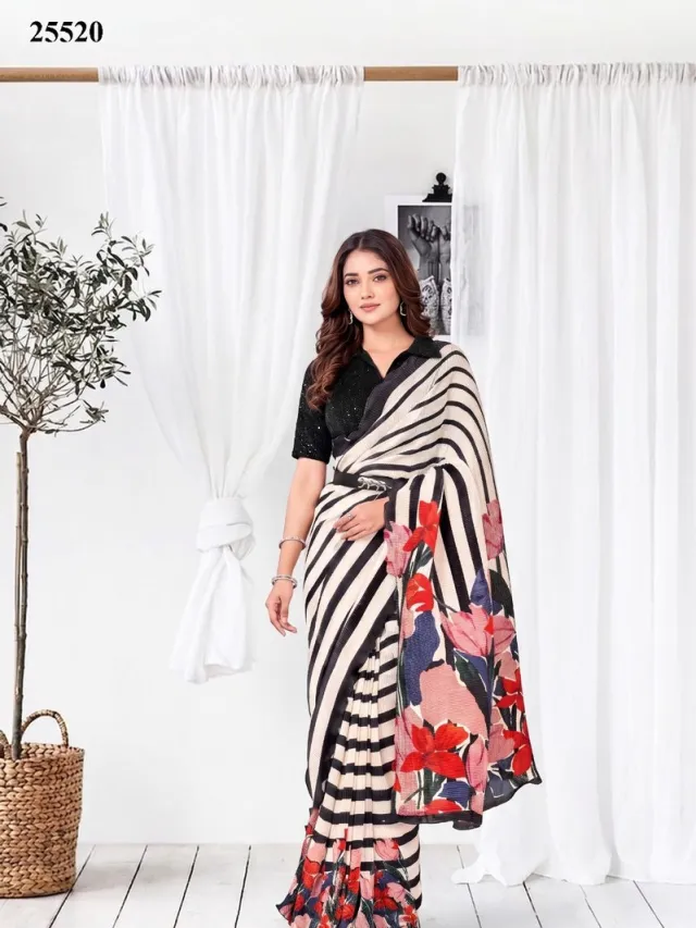 Simhera Threads Women's Black & White Striped Floral Print Saree Black, White, Multicolor