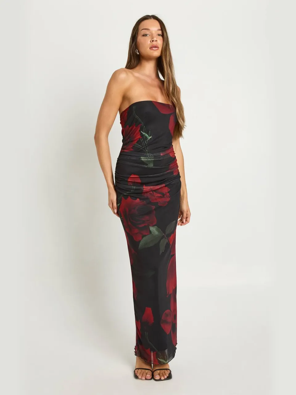 boohoo Dames Mesh Bloemenprint Bandeau Maxi Jurk natural black, foto 3