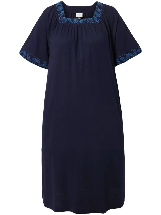 Ulla Popken Dames - Midi-jurk geborduurde randen carréhals korte kapmouwen - Marine - Maat 42+