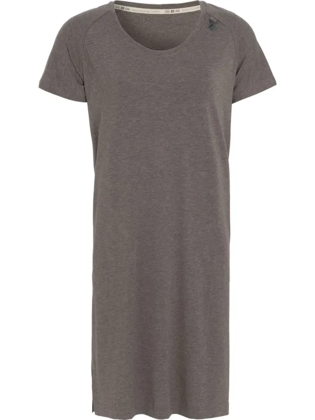 Knit Factory Lily Jurk - Dames midi-jurk met ronde hals - Rechte jurk - Korte mouwen - Jurk voor het voorjaar en de zomer - Taupe