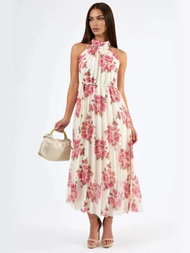 Busem Floral Maxi-jurk met Strikdetail Crème