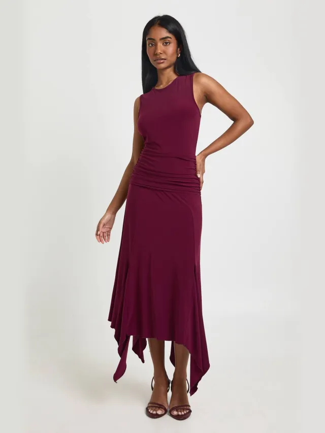 boohoo Dames Slinky Mouwloze Asymmetrische Zoom Midi Jurk Bordeaux Rood