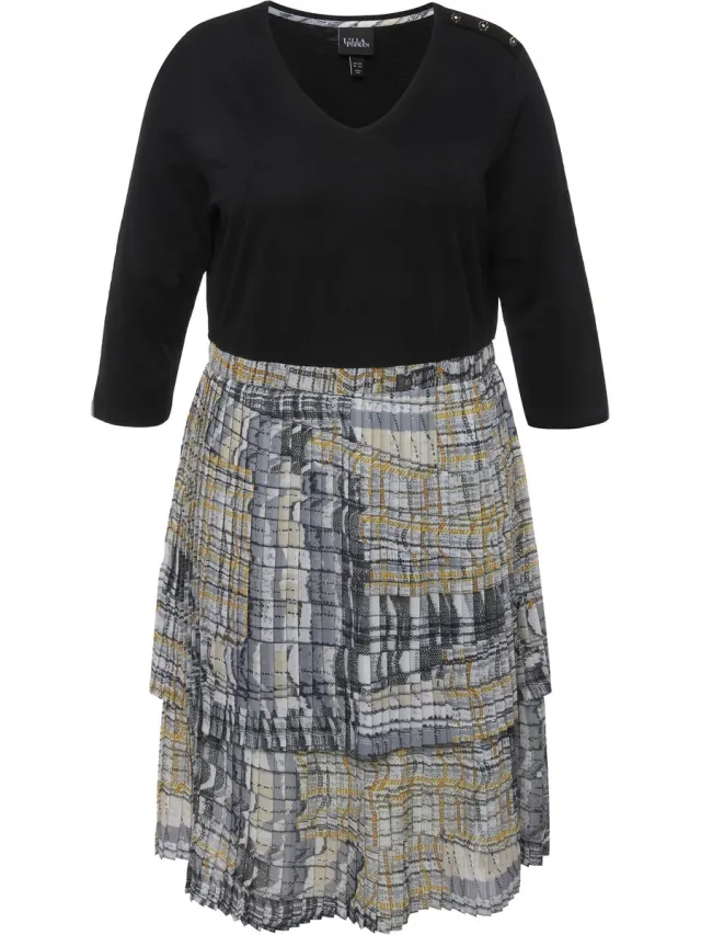 Ulla Popken Dames - Jersey jurk geplooide rok A-lijn V-hals 3/4-mouw - Zwart - Maat 50+