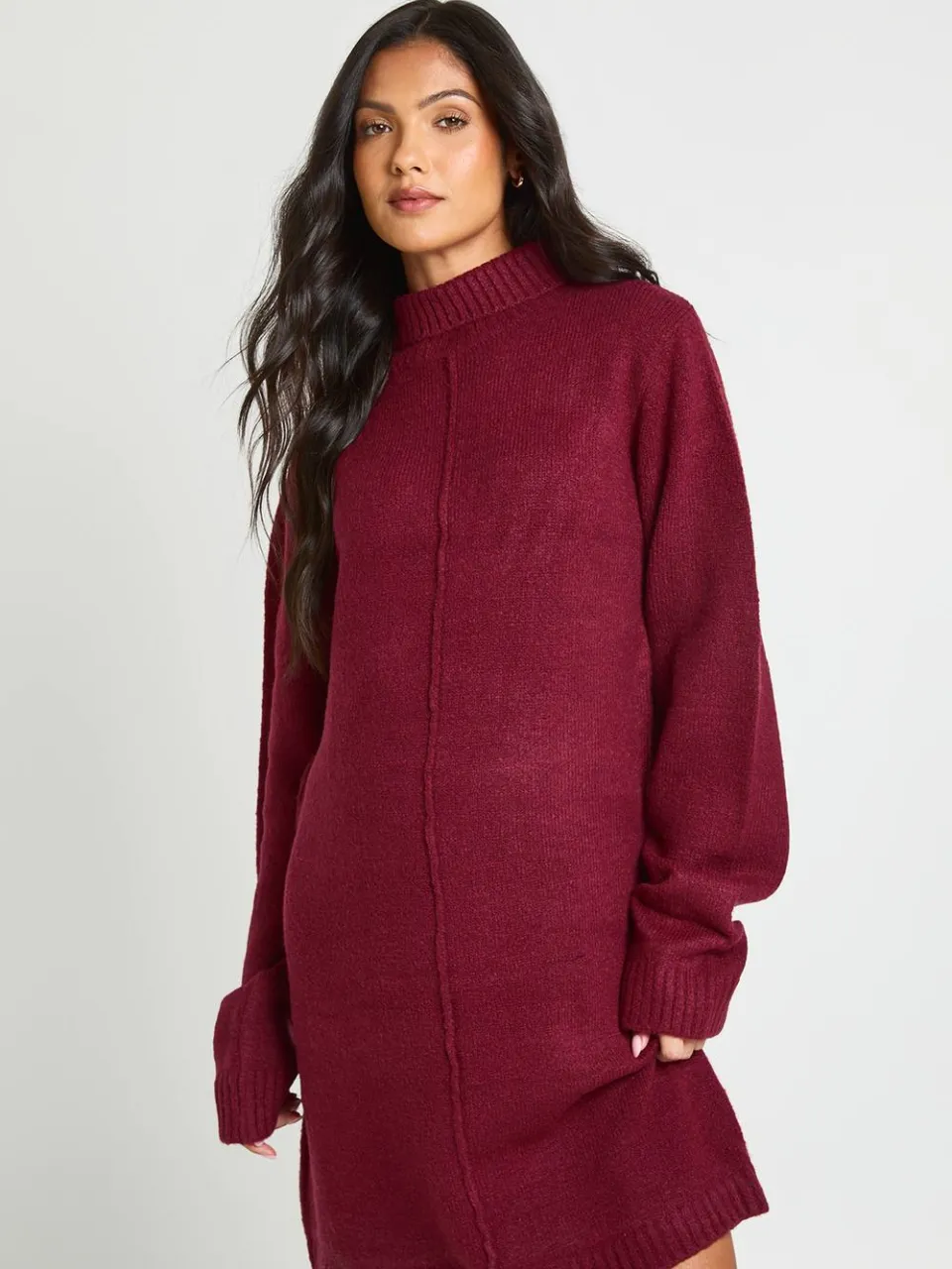 boohoo Dames Zwangerschaps Gebreide Mini Jurk Met Hoge Hals En Naaddetail bordeaux rood, foto 4