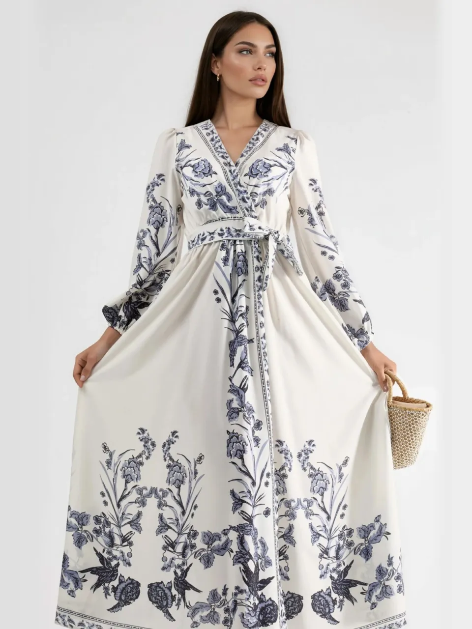MSN Collection Florale Maxi Jurk met V-hals en Strikdetail wit, foto 2