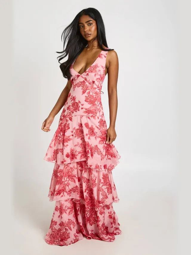 boohoo Dames Chiffon Maxi Jurk Met Diepe V-hals En Gelaagde Bloemenprint Roze