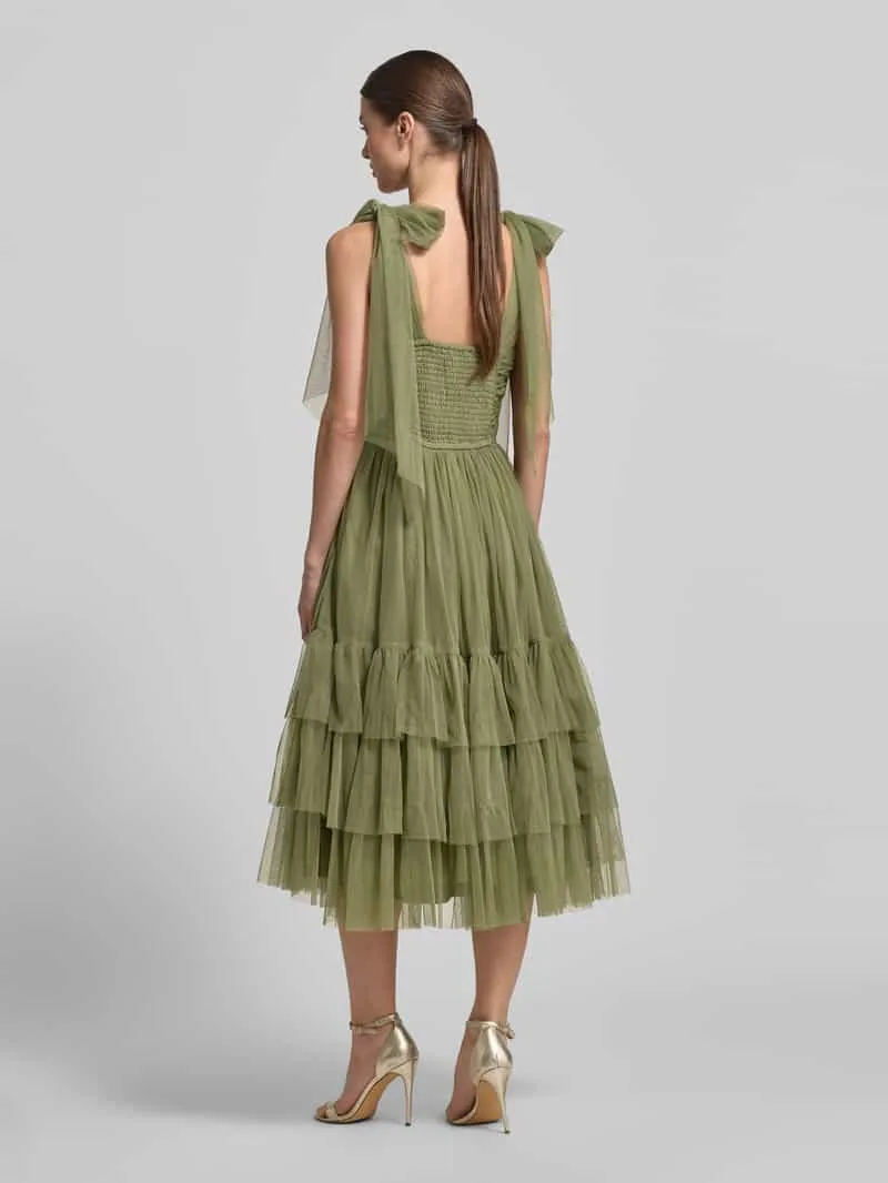 Lace & Beads Knie-lange jurk met ruches olijfgroen, foto 3