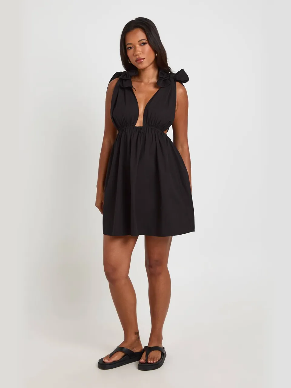 boohoo Dames Katoenen Poplin Mini Skater Jurk Met Strikbandjes zwart, foto 3