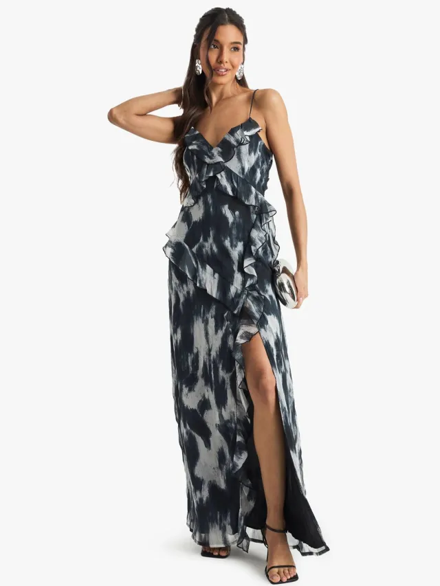 boohoo Dames Abstract Gerimpelde Chiffon Maxi Jurk met Ruches Zwart