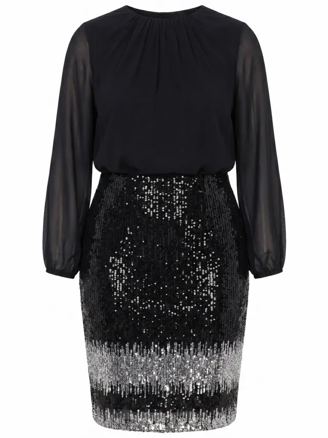 Ulla Popken Dames - Jersey jurk paillettenrok ronde hals ballonmouwen - Zwart