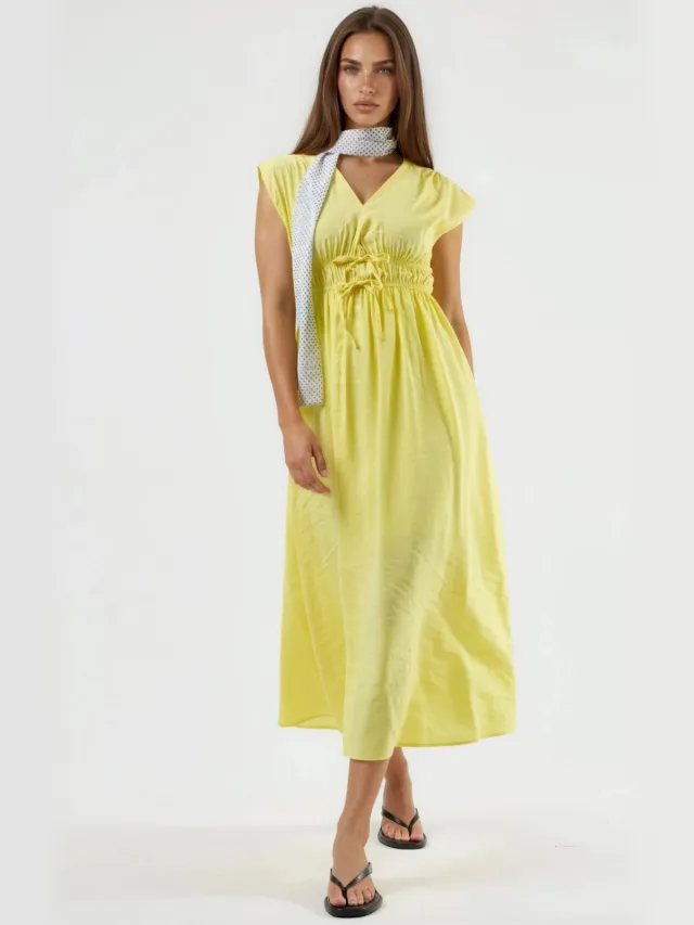 Busem V-hals Midi-jurk met Strikdetail Geel