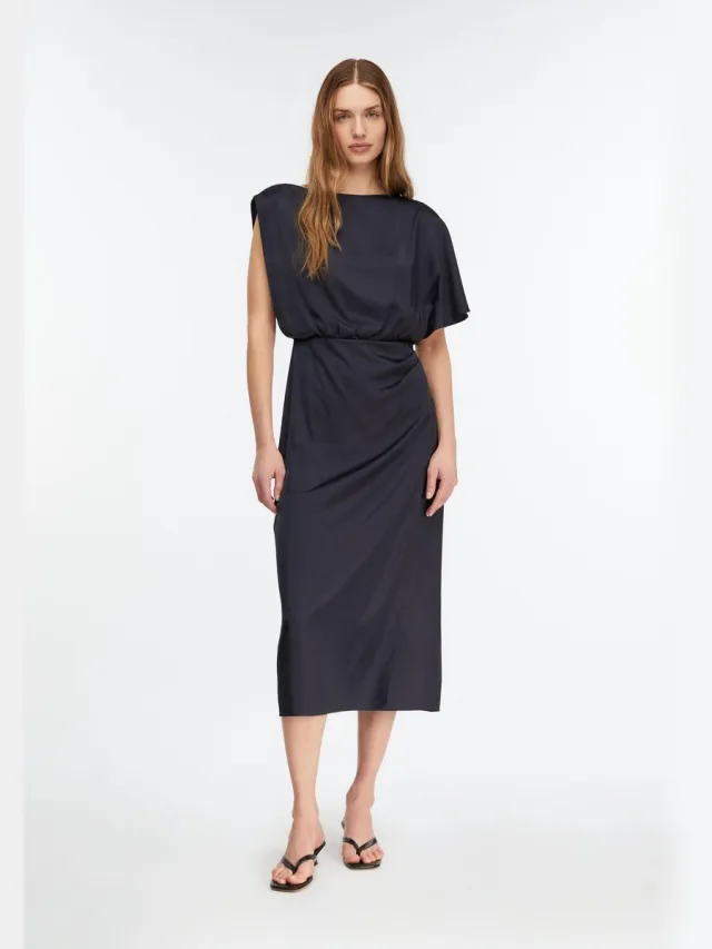 Comma female - Asymmetrische satijnen jurk met drapering navy