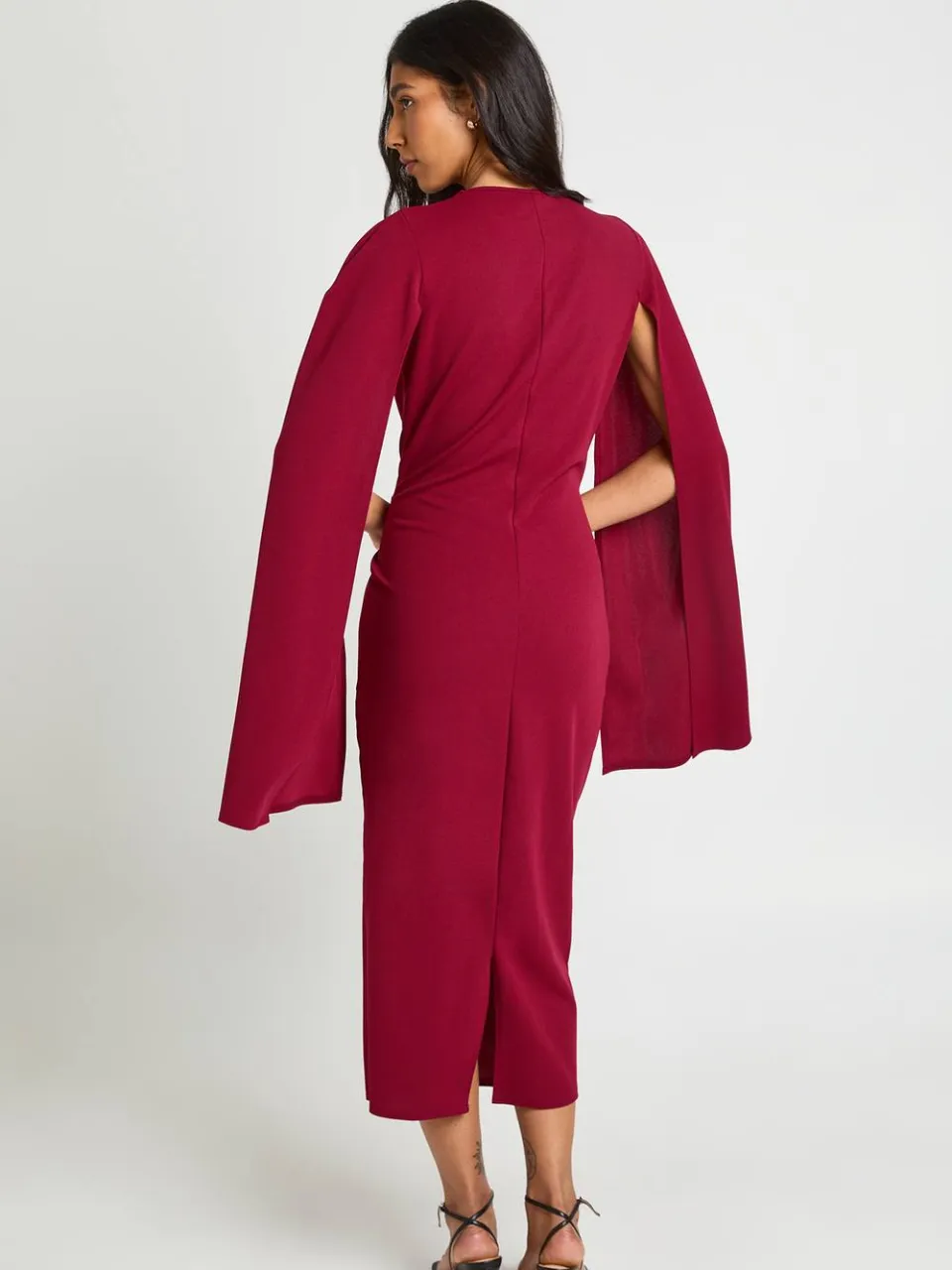 boohoo Dames Lange Midi Bodycon Jurk Met Cape Mouwen bordeaux rood, foto 2