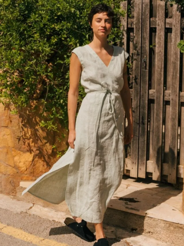 AmourLinen dames vegan Midi Wikkeljurk Aurora Saliegroen Lichtgroen
