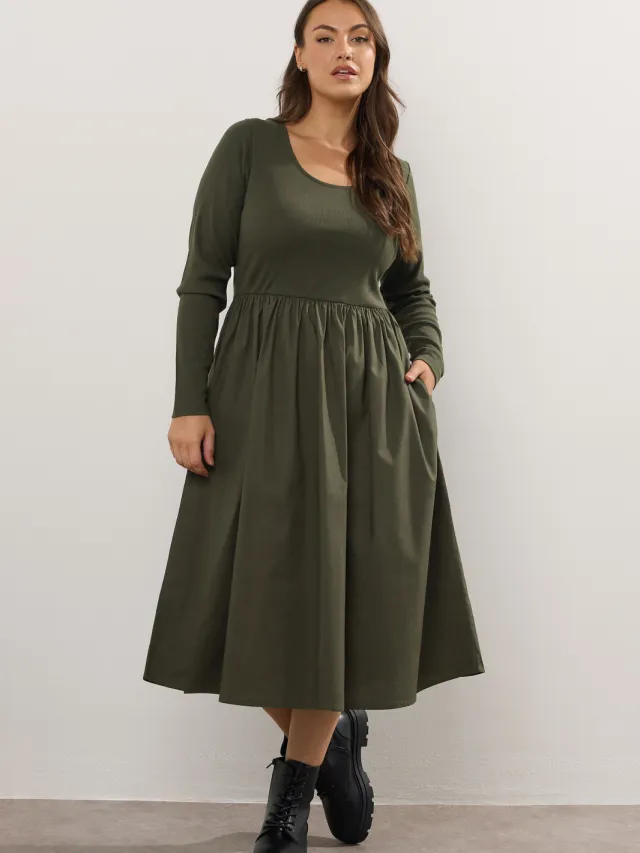 Yours Khaki Groene Gemengde Rib Midaxi Jurk-52 Green