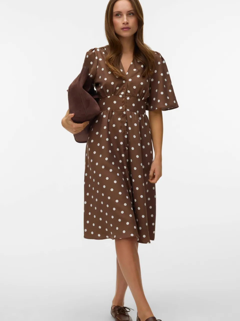 Vero Moda A-lijn jurk met stippen bruin Bruin/Wit