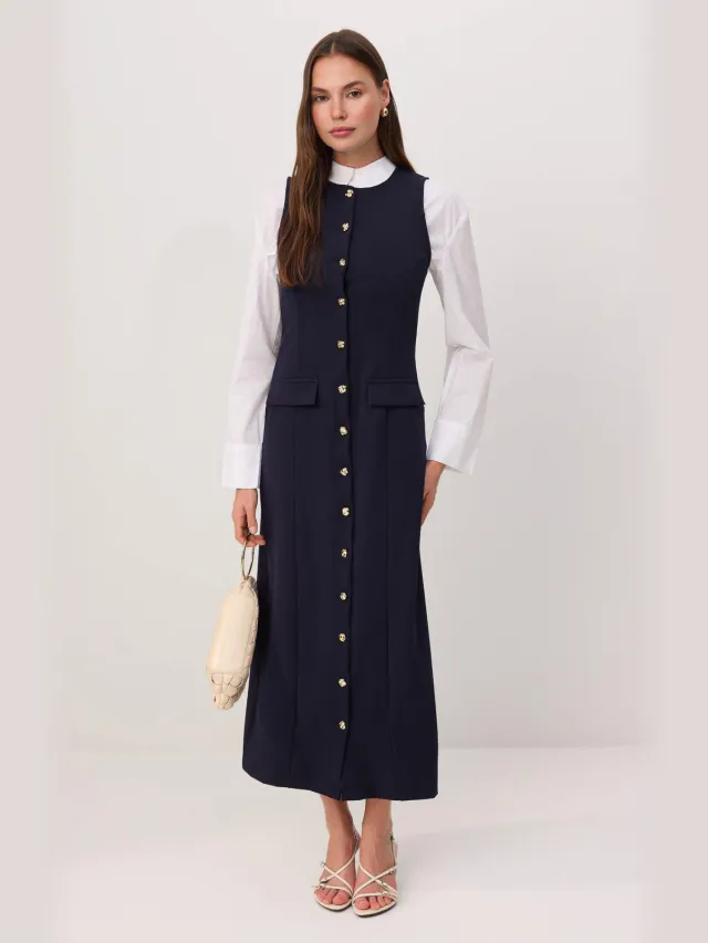 Trendyol Modest Dames Donkerblauw Effen Maxi Mouwloos Casual Recht Modest Jurken Marineblauw/Blauw