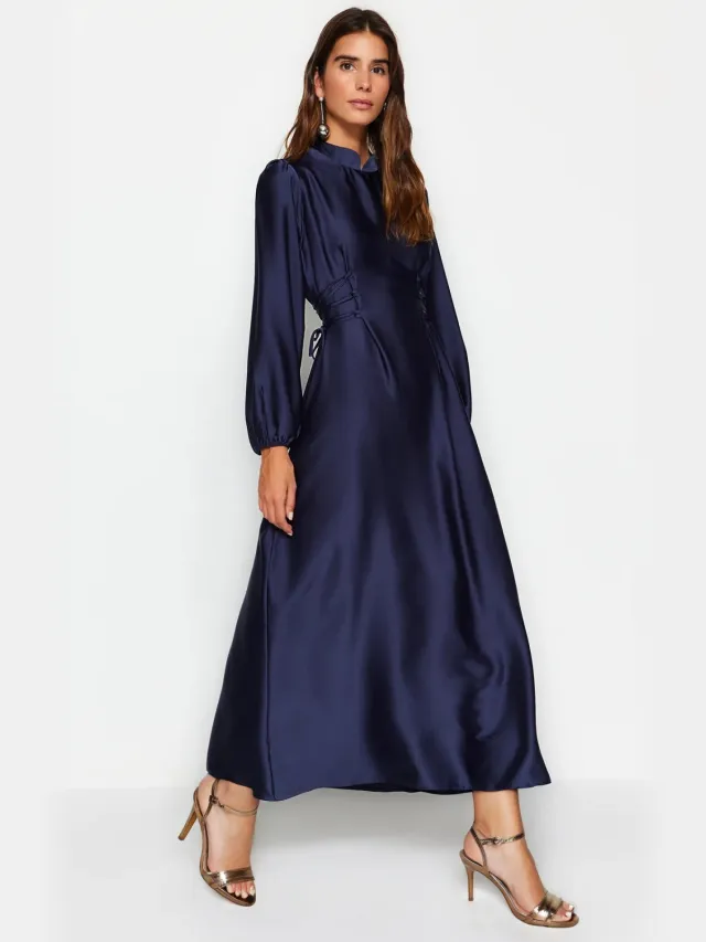 Trendyol Modest Dames Donkerblauw Effen Maxi Lang Stijlvol/Avond A-lijn Modest Avond Jurken Marineblauw/Blauw