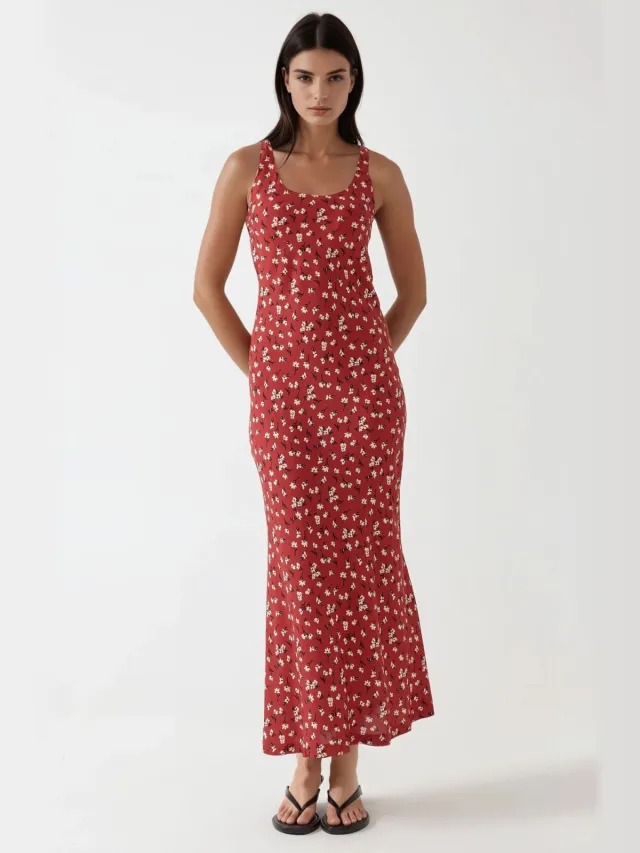 Hiccup Allower Bloemmotief U-Hals Maxi-jurk Rood