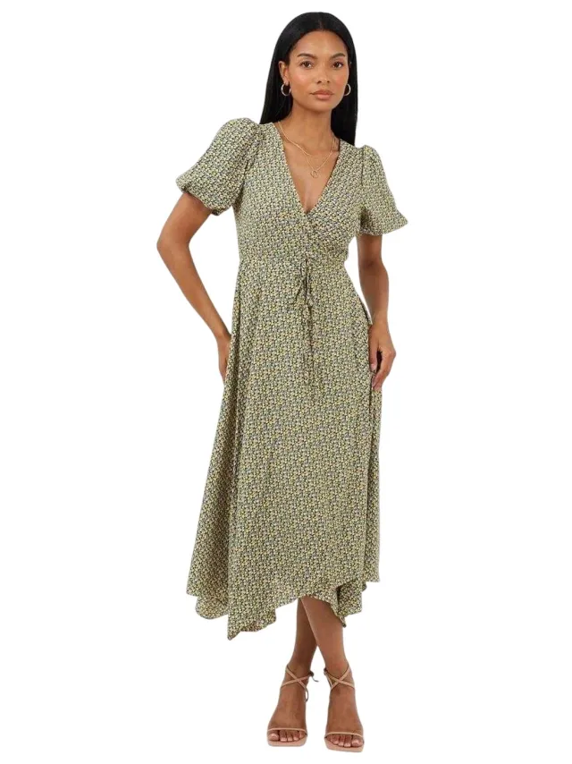 Brave Soul Dames/Dames Floral V Neck Midi Dress (Geel)