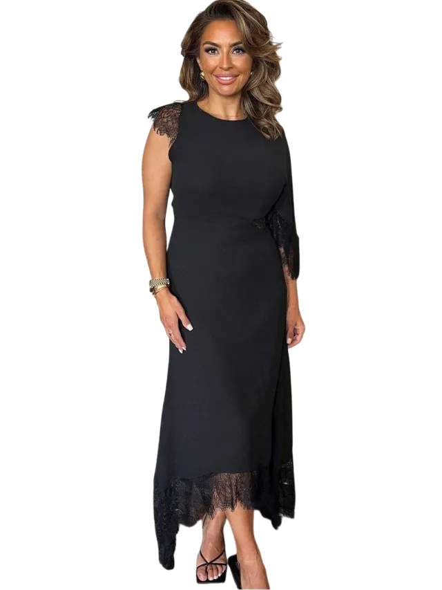 AX Paris Midi-jurk voor dames van polyester met uitsparing bij de taille en vleermuismouwen (Zwart)