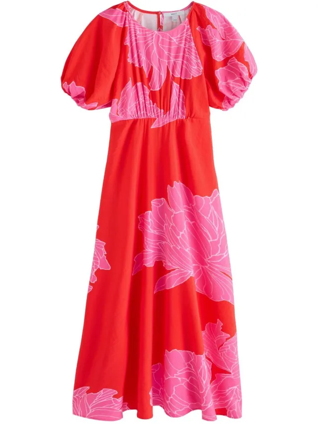 Next Dames - Petite midi-jurk met pofmouwen - Petite - Rood Red/Pink Floral Printed