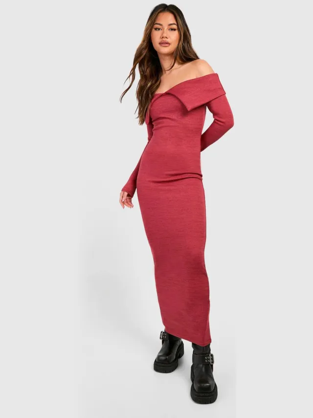 boohoo Dames Bardot Heavy Rib Maxi Jurk met Lange Mouwen Roos