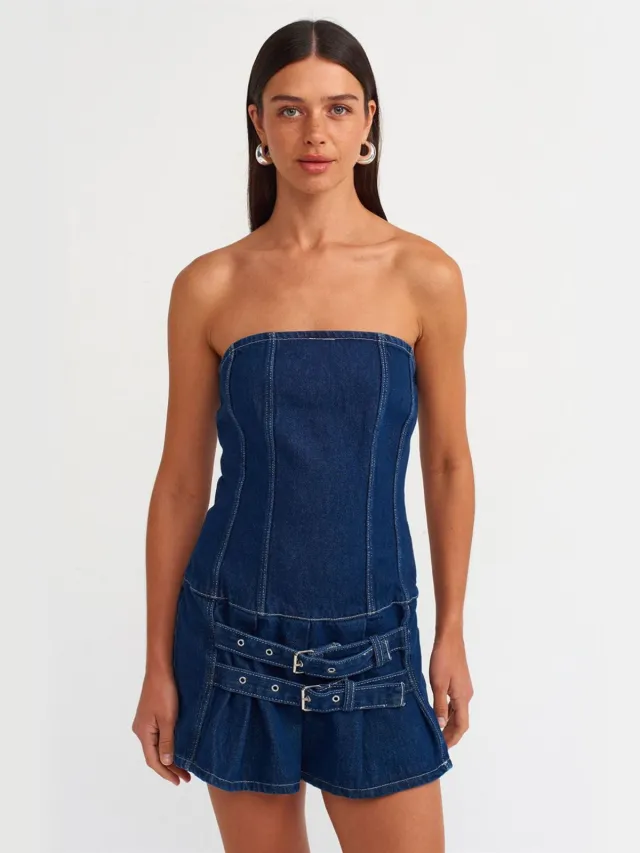 Dilvin Strapless Mini Denim Jurk Met Riem Middelblauw
