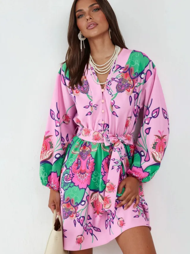 MSN Collection Bloemvormige V-Hals A-Lijn Mini Jurk met Riem Veelkleurig