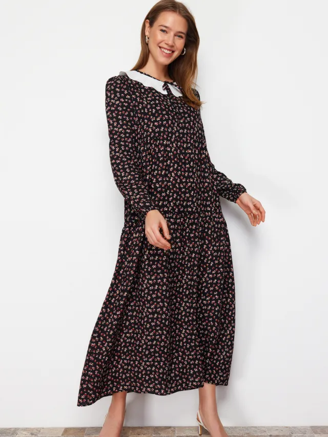 Trendyol Modest Dames Zwart Bloemen Maxi Lang Casual A-lijn Modest Jurken