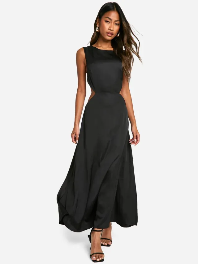 boohoo Dames Satijn Cut-out Midaxi Jurk Zwart