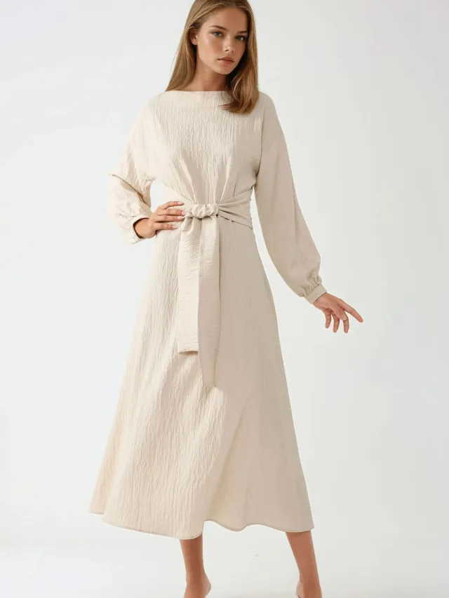 Hiccup Gestructureerde Maxi Jurk met Ronde Hals Naturel