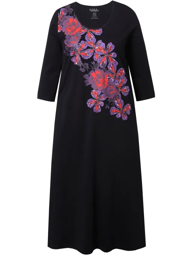 Ulla Popken Dames - Jersey jurk bloemen A-lijn ronde hals 3/4-mouw - Zwart - Maat 50+