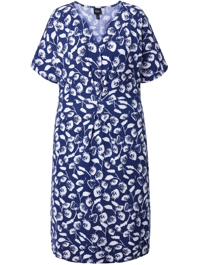 Ulla Popken Dames - Midi-jurk aardbeien tuniekhals korte mouwen - Inktblauw - Maat 46+