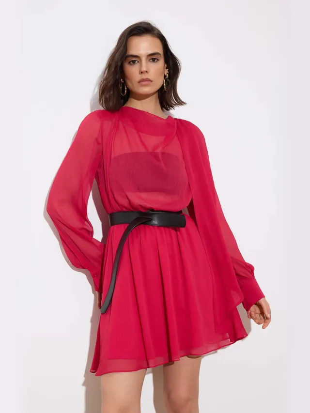 Trendyol TRENDYOLMİLLA Dames Roze Stippen Kort / Mini Lang Avond / Dagelijks Skater Jurken Fuchsia