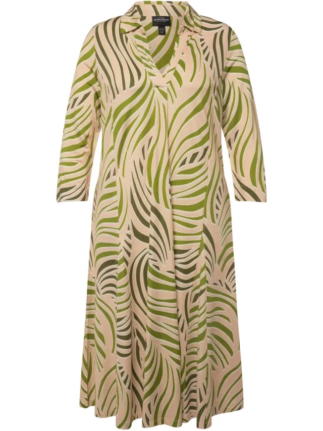 Ulla Popken Dames - Slinky midi-jurk godet-inzetstukken V-hals 3/4-mouwen - Beige - Maat 58+