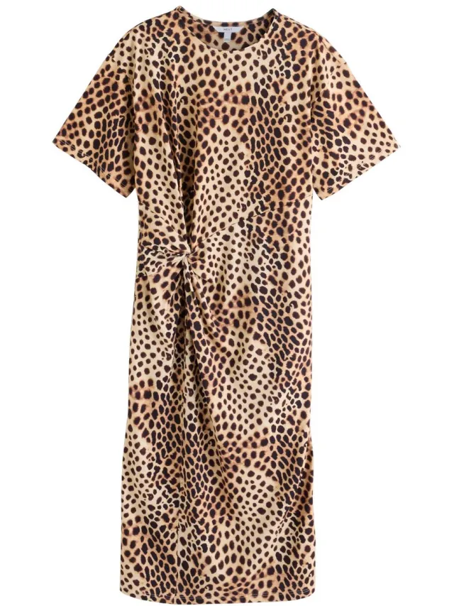 Next Dames - Jersey gedraaide zomerse petite T-shirtjurk - Petite - Dierenprint Brown Leopard Print
