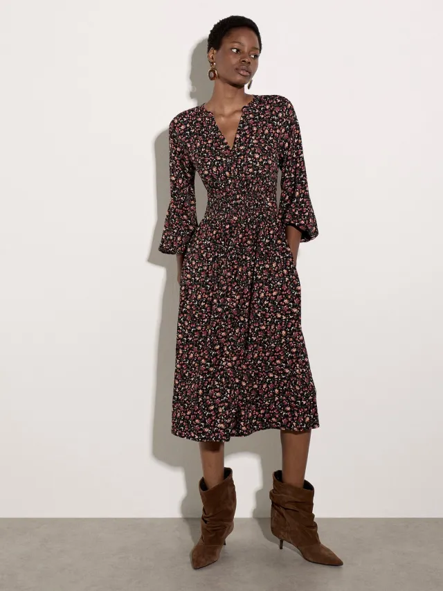 Apricot Midi-jurk van crêpe met kleine bloemenprint zwart
