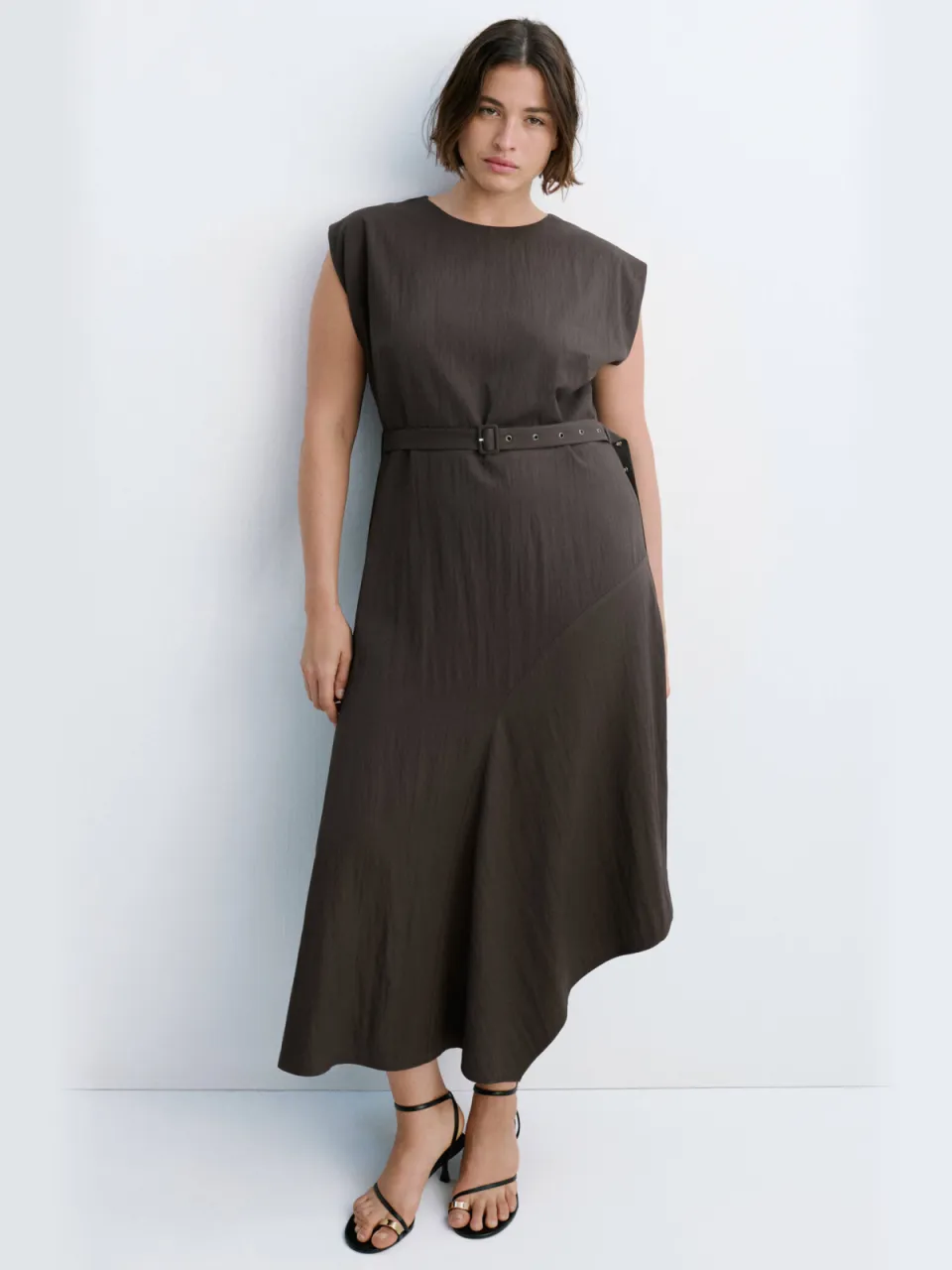 Mango midi jurk met ceintuur - bruin