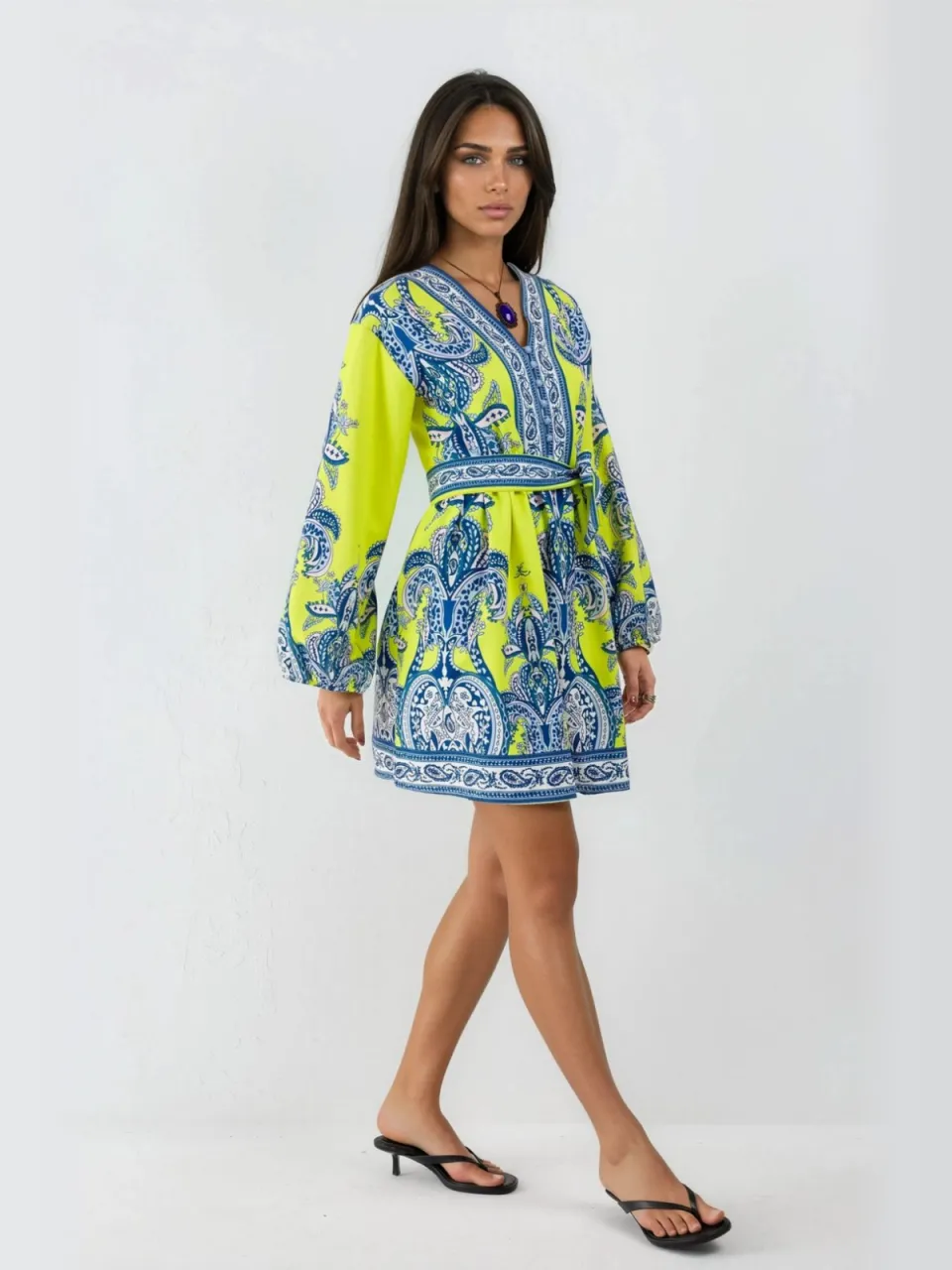 MSN Collection V-hals Paisley A-lijn Mini Jurk met Knopen geel, foto 2