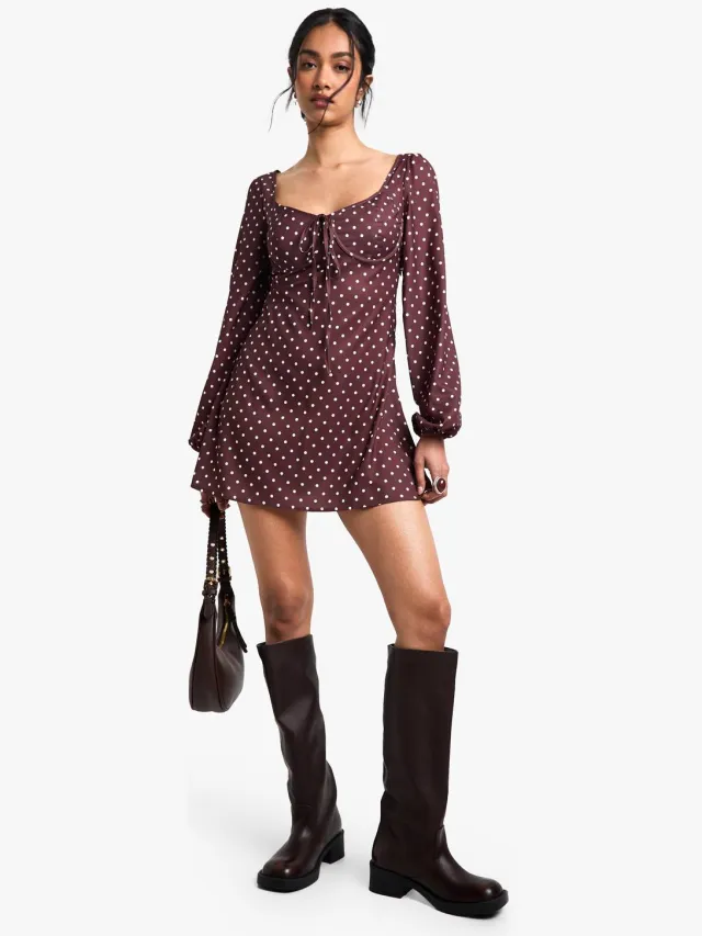 boohoo Dames Polkadot Melkmeisje Mini-Jurk Bruin