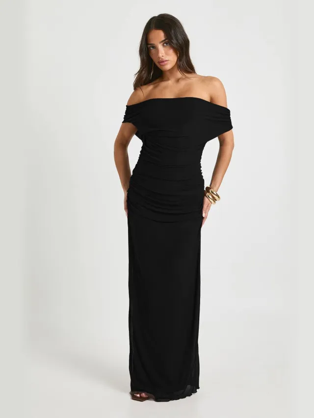 boohoo Dames Mesh Maxi Jurk Met Blote Schouders Zwart