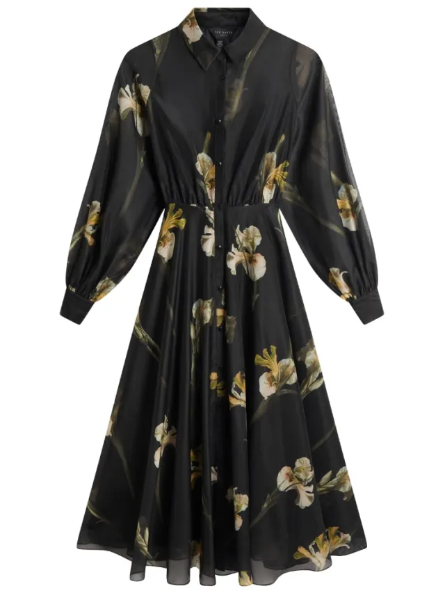Ted Baker Liorra Zwarte Midi-jurk Van Bedrukte Organza Met Ceintuur, foto 2