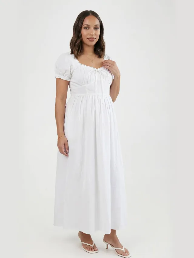 boohoo Dames Zwangerschaps Katoenen Milkmaid Midaxi Skater Jurk Wit